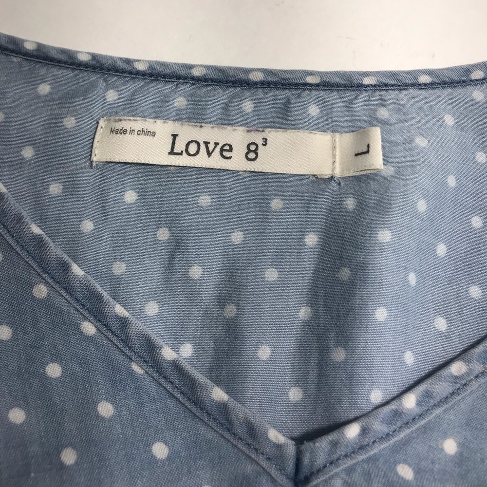 Love 8³ Chambray Blue & White Polka Dot V-Neck Ruffled Sleeve Blouse - Picture 6 of 12